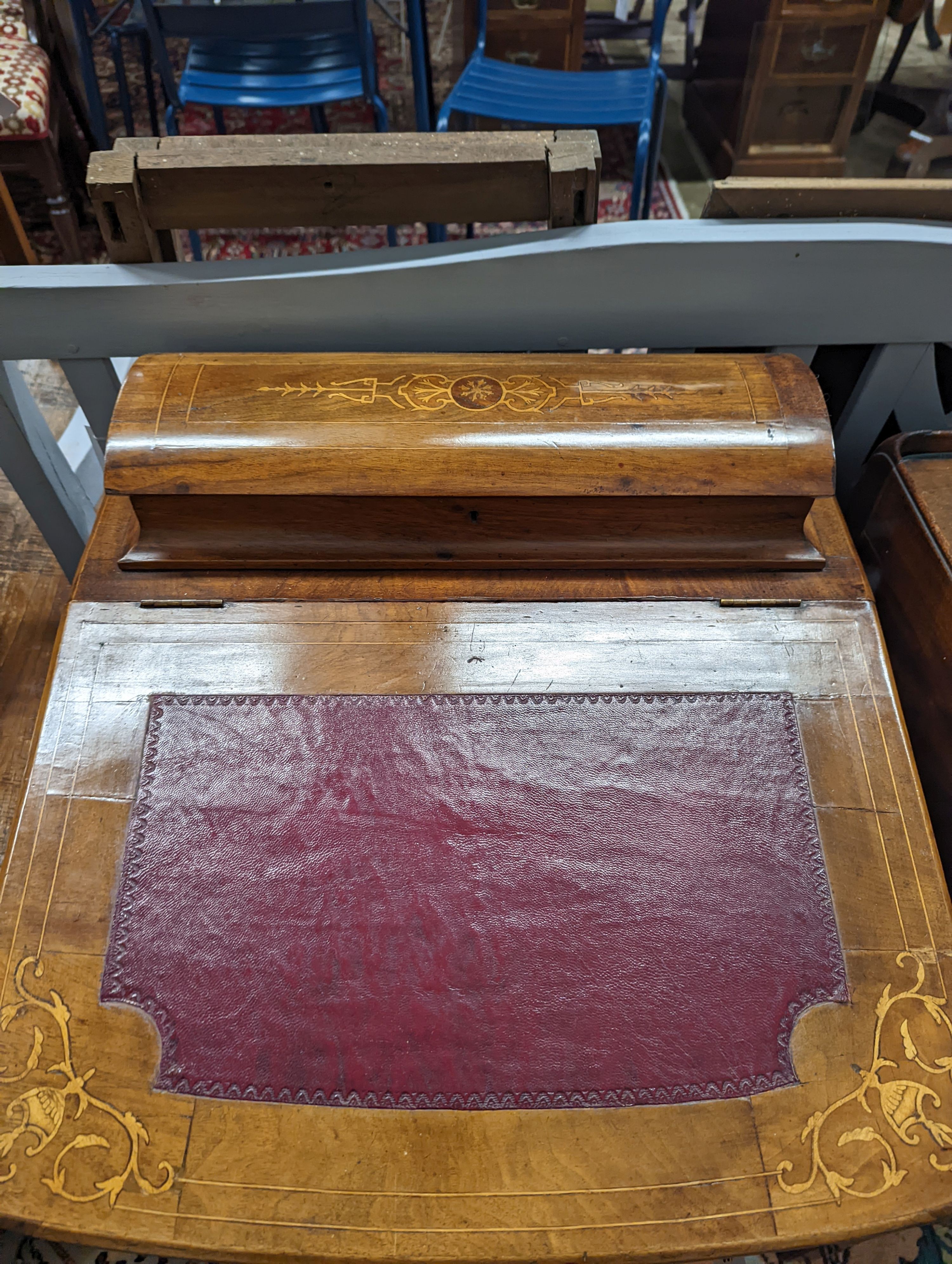 A late Victorian inlaid walnut Davenport, width 52cm, depth 54cm, height 84cm